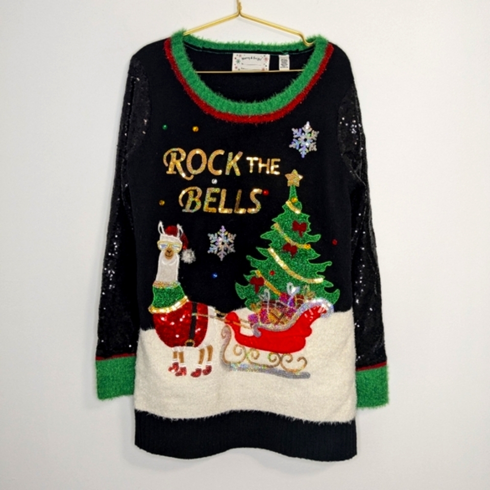 Merry & Bright Large Llama Rock the Bells Christmas‎ Holiday Crew Neck Sweater